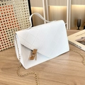 White quilted PU leather square handbag with golden chain strap and top handle - White
