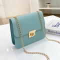 Sky blue crossbody chain square bag with lychee texture leather and gold clasp lock - Blue