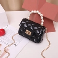Mini black jelly bag with pearl handle and golden chain, quilted square crossbody style - Black