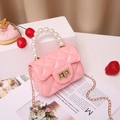 Pink quilted jelly handbag with pearl handle and golden chain strap in a sweet scene - Pink