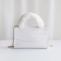White crocodile pattern ladies bag with plush faux fur handle and gold chain strap - White