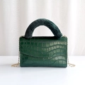 Dark green faux crocodile leather bag with a plush fur handle and gold chain strap - Green