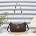 Retro brown hobo bag with M-pattern jacquard and gold metal logo on white background - Coffee