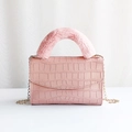 Pink faux crocodile texture crossbody bag with soft plush handle and gold chain strap - Pink