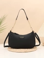 Black pebbled leather half-moon shoulder bag with gold chain strap and logo detail - Black