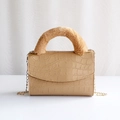 Beige crocodile embossed square bag with plush faux fur handle and gold chain strap - Coffee
