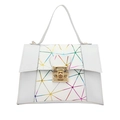 White geometric handbag with iridescent rainbow lines and gold metal lock hardware - White