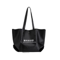 Black leather tote bag with MIKAXIQI logo print and large capacity shoulder straps - Black