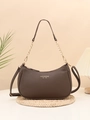 Dark brown lychee texture half-moon underarm bag with gold logo and metal chain strap - Coffee