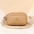 Khaki pebbled leather crossbody bag with geometric woven strap and double zippers - Khaki
