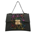 Black vegan leather handbag featuring colorful geometric patterns and gold twist lock - Black