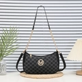 Black half-moon shoulder bag with grey M-pattern print and golden metal logo charm - Black