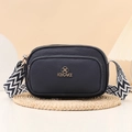 Navy blue lychee leather camera bag with dual zippers and geometric wide strap - Blue