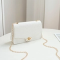 Mini white faux leather chain bag with elegant crocodile embossing and gold ring hardware - White