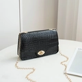 Mini black crocodile pattern shoulder bag with a gold chain strap and metal clasp - Black