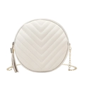 Mini round white crossbody bag with V-shaped quilting and gold chain strap and tassel - White