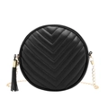 Women's black round crossbody bag with chevron quilting, gold chain and tassel detail - Black