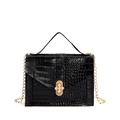 Black crocodile pattern handbag with elegant gold floral pearl clasp and chain strap - Black
