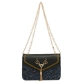 Borsa a tracolla con paillettes nere con chiusura a testa di cervo dorata e catena - Nero