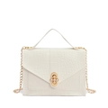 White faux crocodile skin handbag with elegant pearl clasp and gold chain strap - White