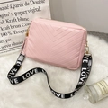 Pink rectangular crossbody bag with V-quilted pattern and wide LOVE letter strap - Pink