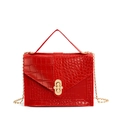 Red crocodile texture handbag with gold chain strap and elegant pearl flower buckle - Red