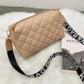 Apricot quilted crossbody bag with wide letter print shoulder strap and gold hardware - Khaki