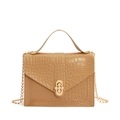 Khaki crocodile pattern crossbody bag with pearl lock and golden chain strap - Khaki