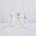 Mini white woven crossbody bag featuring golden cat charm and pearl chain details - White
