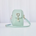 Mini mint green woven crossbody bag for women with golden cat ear ring and pearls - Green