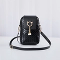 Black woven mini crossbody phone bag with gold cat ear buckle and pearl tassel - Black