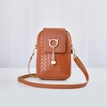 Brown woven mini crossbody phone bag with gold cat-ear ring and pearl chain charm - Dark Brown