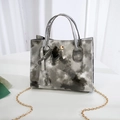 Women's minimalist handbag with gold chain and grey-white ink cloud print finish - Light Gray