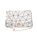 White geometric pattern crossbody bag with golden chain strap and twist-lock clasp - White
