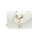 Minimalist beige crossbody square bag with golden deer ornament and tassel chain strap - White