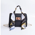 Black textured leather handbag with gold twist lock and decorative silk scarf handle - Black