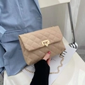 Beige quilted chain bag with diamond pattern and gold-tone twist lock closure for women - Apricot