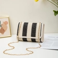 Chic black and white striped woven crossbody camera bag with elegant gold chain strap - Flip-top Style / Black