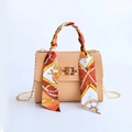 Khaki small square bag with silk scarf handle and golden chain strap in smooth leather - Tan