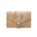 Elegant khaki small square bag with golden deer head metal clasp and fringe - Apricot