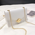 White mini square bag in lychee pattern faux leather with a gold chain and V-cut flap - White
