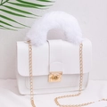 White PU leather small square bag with fuzzy plush handle and gold chain strap - White