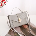 Mini light grey handbag with crocodile texture and gold pearl flower clasp detail - Light Gray
