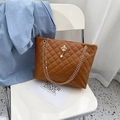 Brown quilted shoulder bag with golden chain straps and pearl crown charm detail - Dark Brown