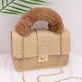 Mini beige PU leather crossbody bag featuring brown faux fur handle and gold chain strap - Dark Brown