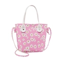 Pink daisy print bucket bag with white handles and adjustable shoulder strap - Pink