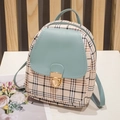 Mini plaid backpack featuring cream check pattern and light blue leather flap with gold clasp - Blue