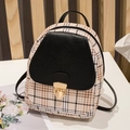 Mini plaid backpack for women featuring beige check pattern and black flap with gold clasp - Black