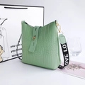 Mint green crocodile pattern bucket bag with wide LOVE strap and gold ring buckle - Green