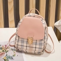 Pink flap and black-brown checkered mini backpack with golden metal lock and top handle - Pink